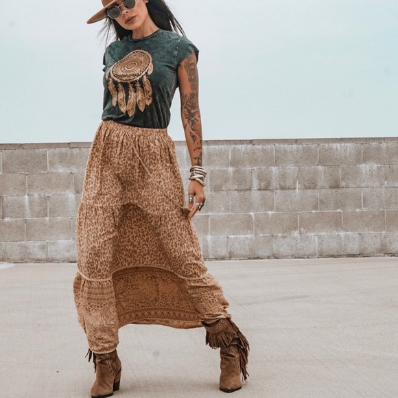 Boho Spell Style Leopard Gypsy Festival Maxi Skirt - Picture 2 of 8